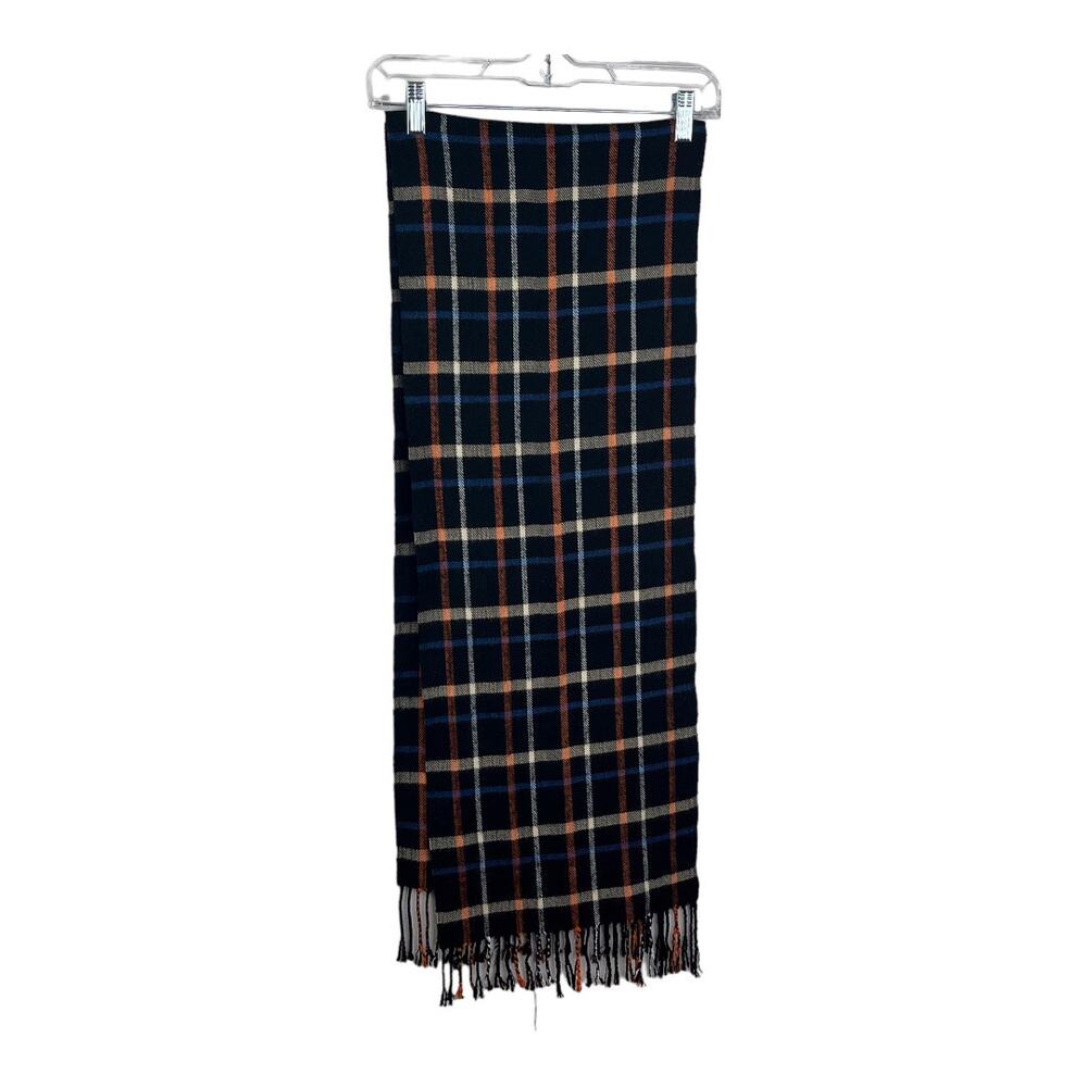 Scottish Plaid Scarf Cashmere Black Orange Blue Cream Fringed